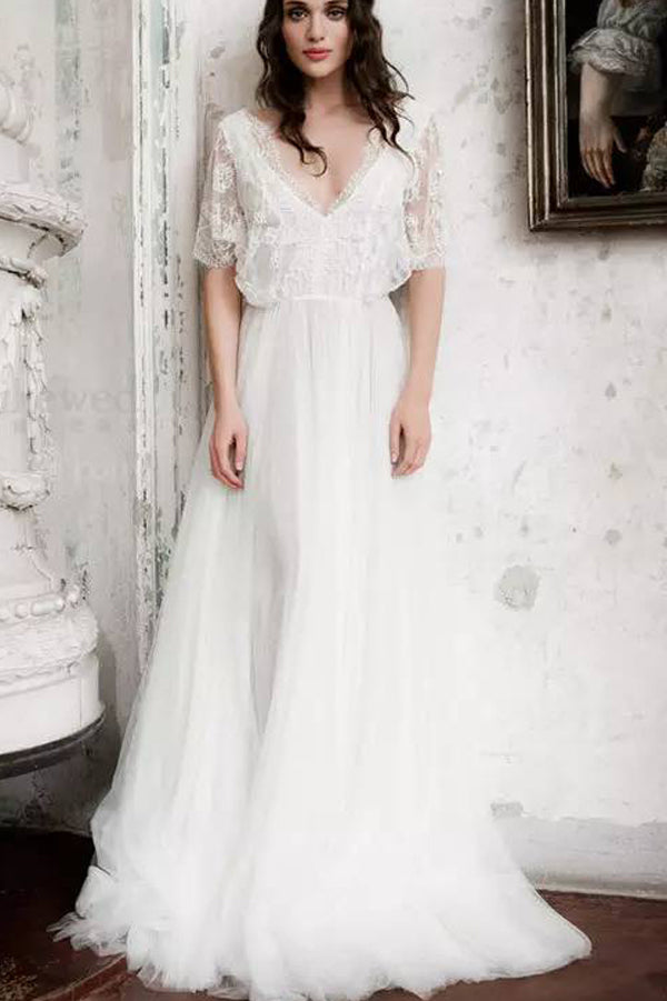 Short Sleeve Rustic Boho Wedding Gown with Ivory Lace, WD2304267