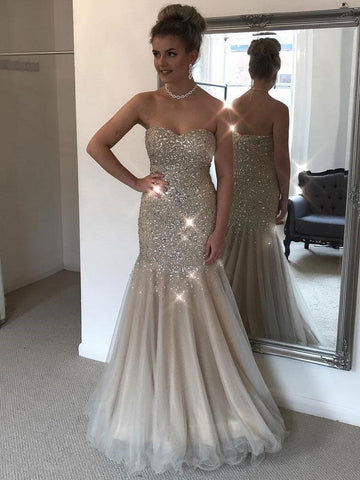 Shiny Champagne Sheath Sweetheart Tulle Beaded Strapless Floor Length Prom Dresses, PD2306116