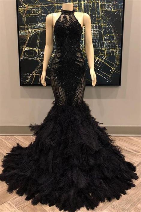 Sleeveless Sexy A-Line Mermaid Evening Gown Halter Feather Prom Dress Lace Appliques, PD23080310