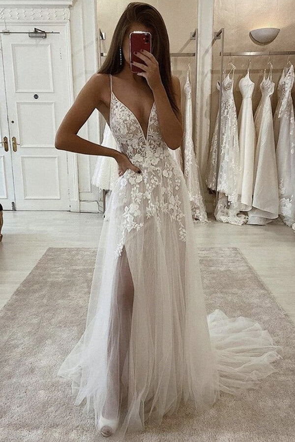 Ivory Lace A-line Wedding Dresses With Side Slit and Spaghetti Straps, WD2401256