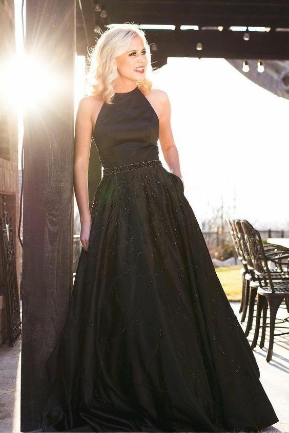 Black Beaded Satin Halter A-Line Backless Prom Dress, PD2305202