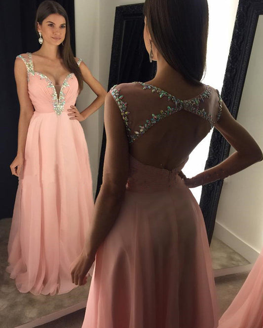 Pink Sweetheart A-Line Chiffon Prom Dress with Beaded Backless, PD23052410