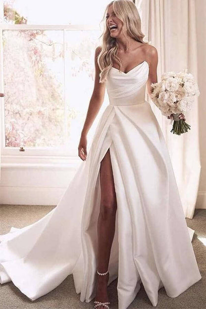 Ivory Satin A-line Strapless Court Train Wedding Dress With Thigh Slit, WD2310198