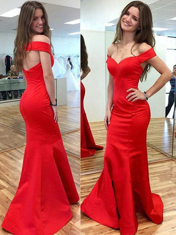 Red Mermaid Satin Off-the-Shoulder Prom Dress, PD2310171
