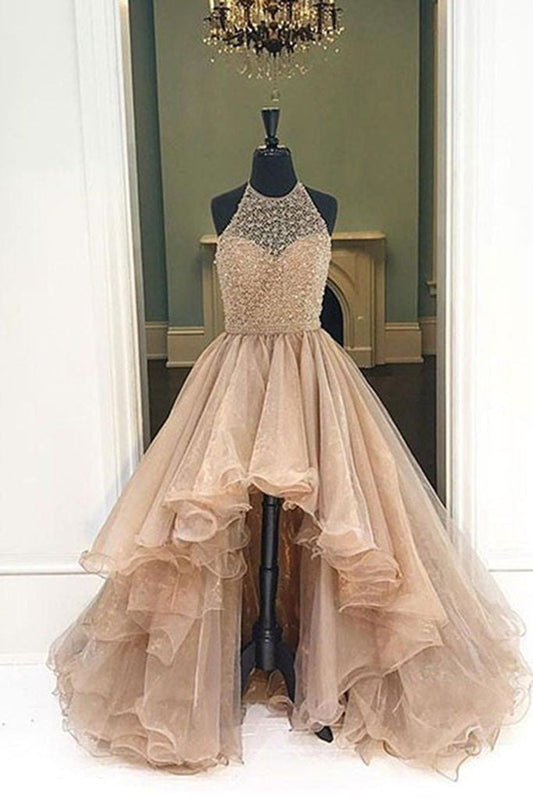 Champagne Organza High Low Prom Dresses with Halter Beading, PD2401261