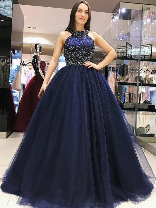 Elegant Long Dark Navy Ball Gown Pleated Prom Dresses with Beading, PD2401263