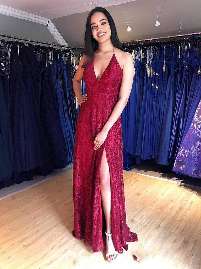 Red Sheath Lace V-Neck Sleeveless Backless Split-Front Prom Dresses, PD2310116