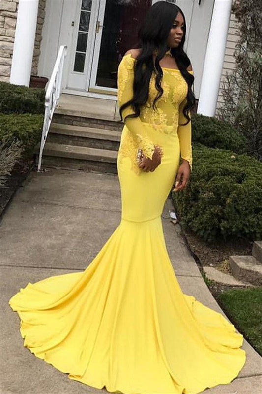 Fresh Daffodil Long Sleeve Off-The-Shoulder Applique Mermaid Satin Prom Dress, PD2310085