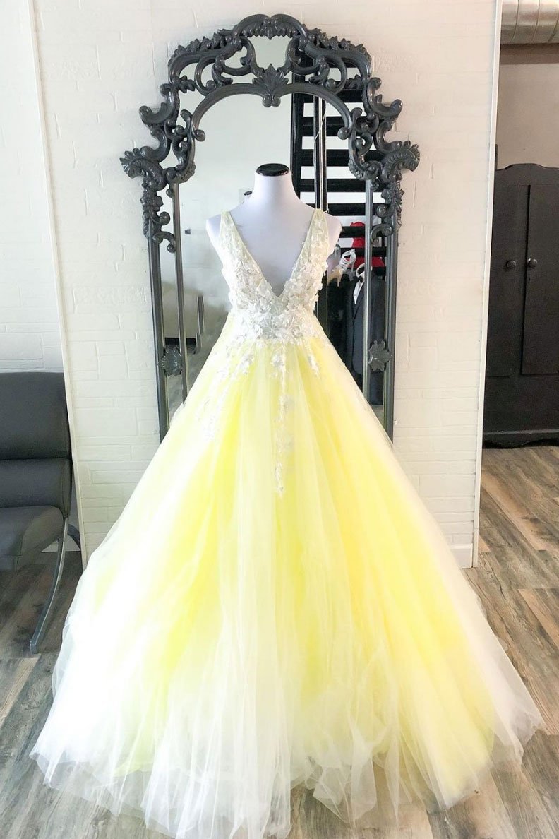 Yellow V-Neck Tulle Lace Long Formal Dress, PD2310176