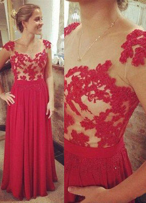 Red A-Line Chiffon Prom Dresses with Capped Sleeves and Natural Zipper, PD2310132