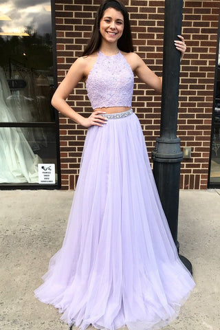 Elegant A-Line Tulle Lilac Two Pieces Prom Dresses With Appliques, PD2308302