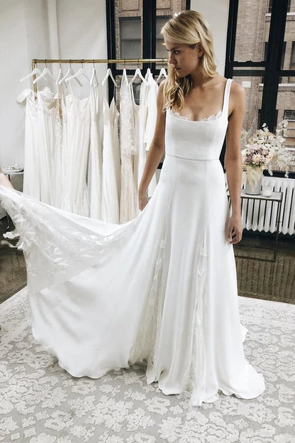 Ivory Satin A-line Spaghetti Straps Wedding Dress Wedding Gown, WD2310197