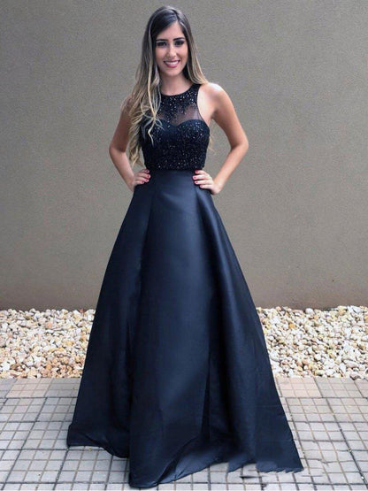 Black A-Line Satin Scoop Neck Prom Dress with Beading, PD2310101