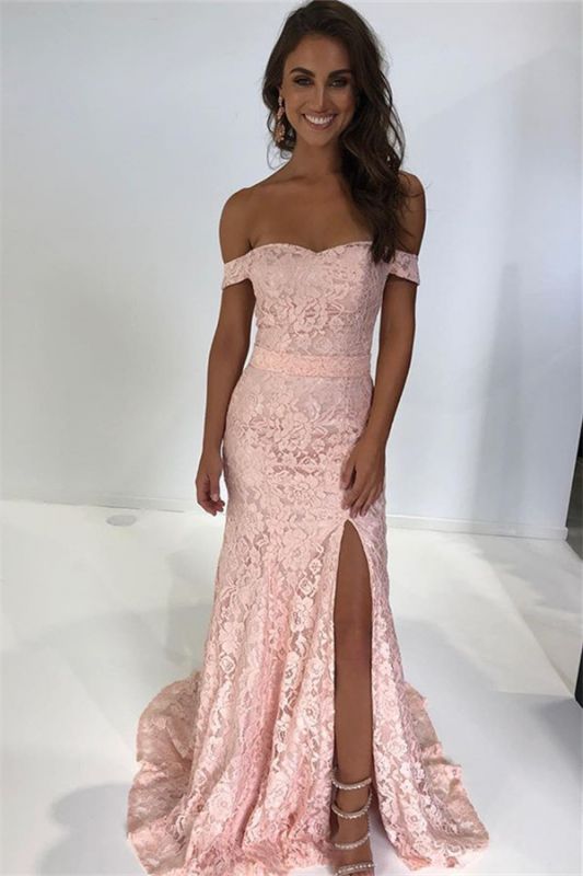 Pink Enchantment Sheath Prom Dress with Off-the-Shoulder Style and Side Slit, PD2305117