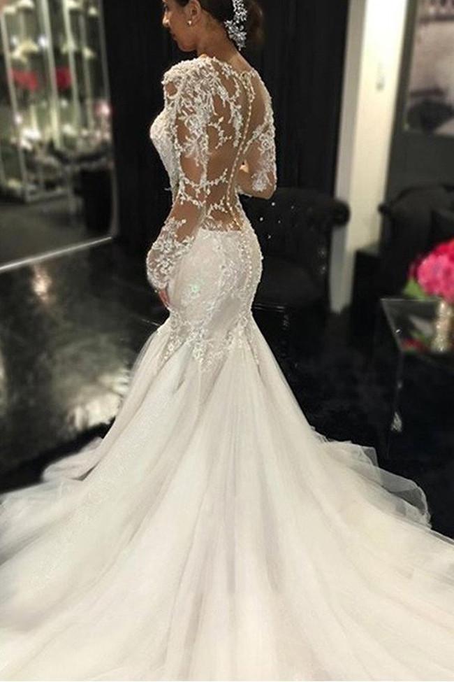 Elegant Long Sleeve See-Through Lace Wedding Dress, WD2305042