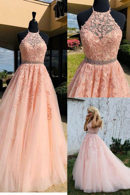 Pink Lace Prom Dress with Halter Neck and Appliques, PD2401267