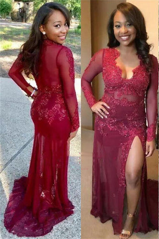 Burgundy A-Line Lace Side Slit Tulle Prom Dress Long Sleeves, PD2308030