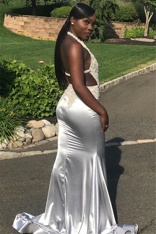 Silver Lace Backless Mermaid Prom Dress, PD2305142