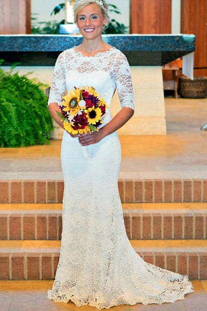 Half Sleeves Wedding Dress, White Mermaid Lace with Round Neck and Open Back, WD2305201