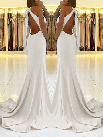 Backless White Sheath Prom Dress with Side Slit and Lace-Up Back, PD2305201