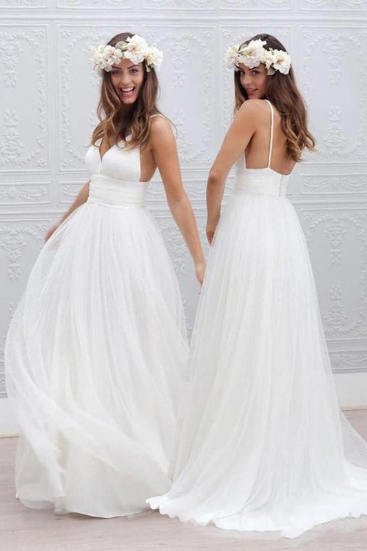 Simple Spaghetti Strap Beach Wedding Dress, WD2305095