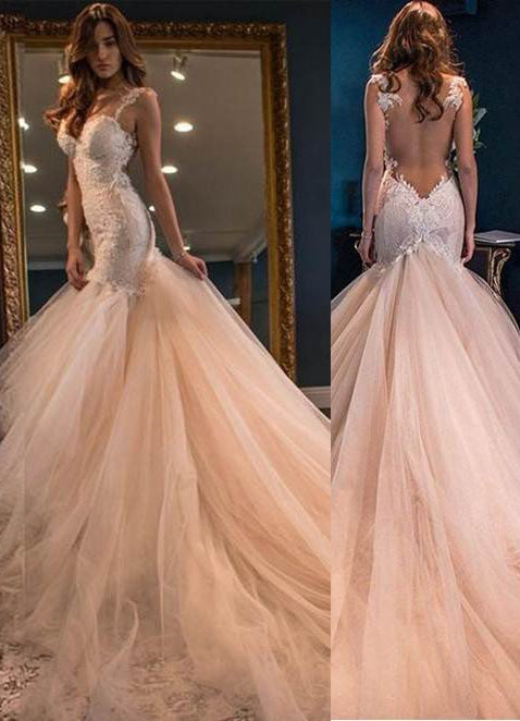 Champagne Mermaid Prom Dress with Tulle Fabric, Appliques, and Straps, PD2306133