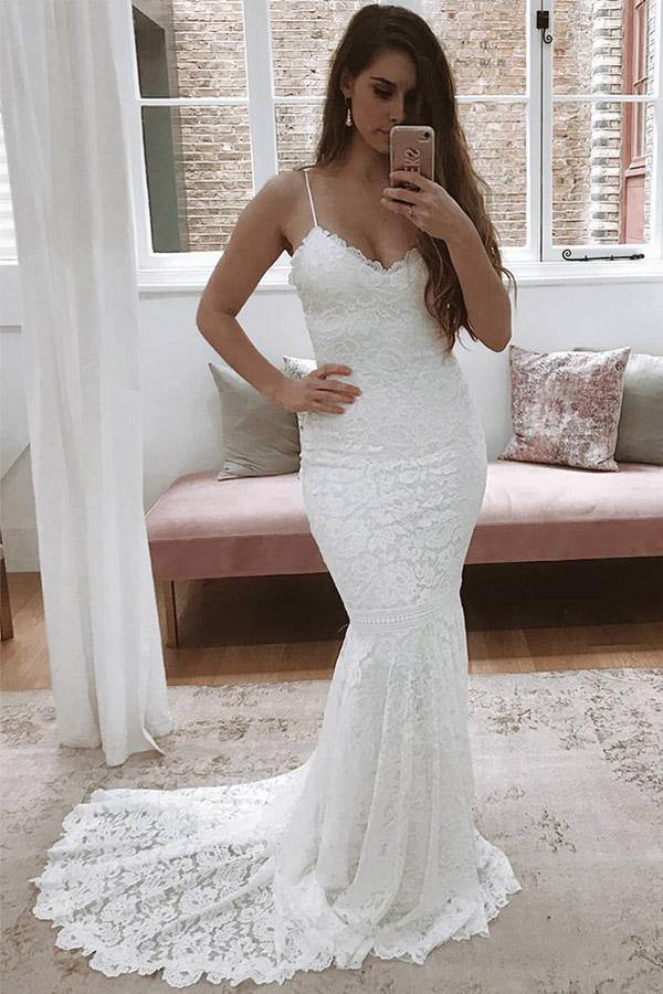 Lace Mermaid Wedding Dress with V-neck, Spaghetti Straps, and Sweep Train, WD2401315