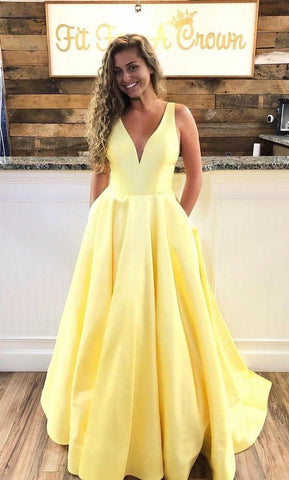 Yellow V-Neck Long Prom Dress with Pockets, PD2310175