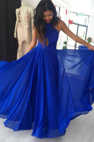 Royal Blue Chiffon Halter Backless A-Line Prom Dress, PD2306056