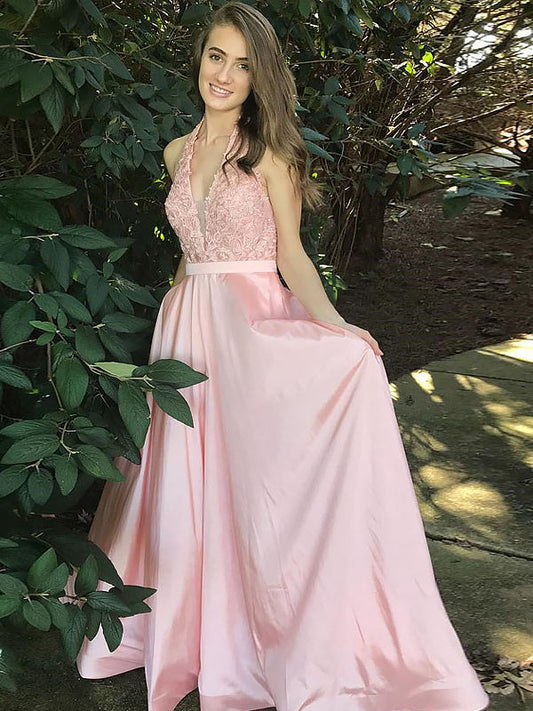 Sheer Pink A-Line Halter Prom Dress with Deep V-Neck, Lace Appliques, and Satin, PD2401305