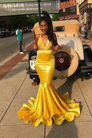 Yellow Bodycon Mermaid Prom Dresses Long with Appliques, PD24012210