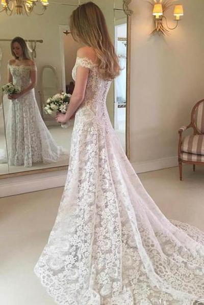 Rustic Off-the-Shoulder Boho Lace Wedding Dress, WD23050311