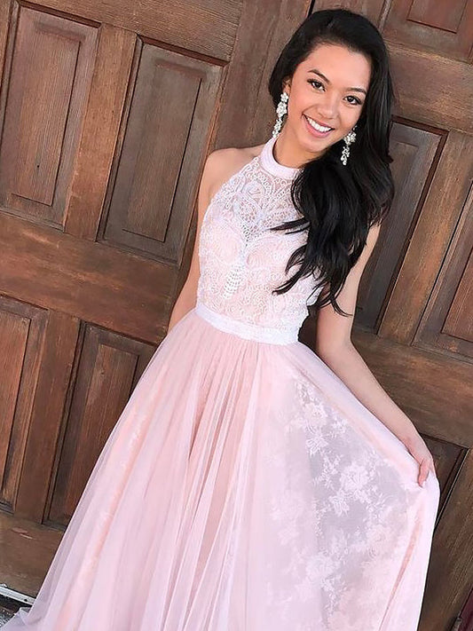 Pink Sheer Floor Length Exquisite Halter Prom Dress with Lace Flowers and Pleats, PD2401304