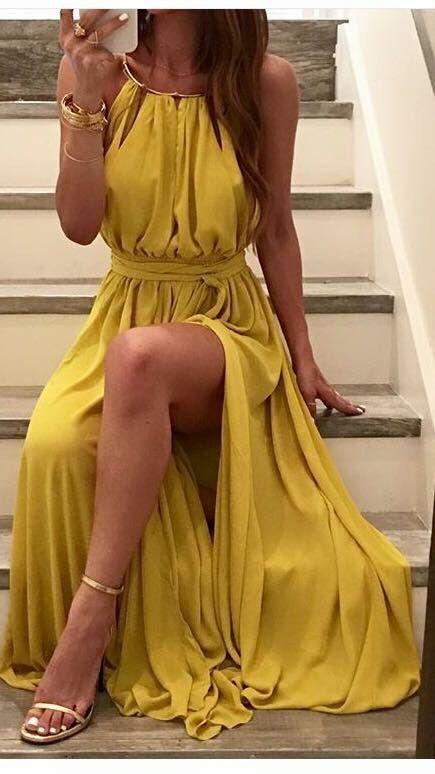 Yellow Spaghetti Strap High Slit Prom Dress, PD2310174