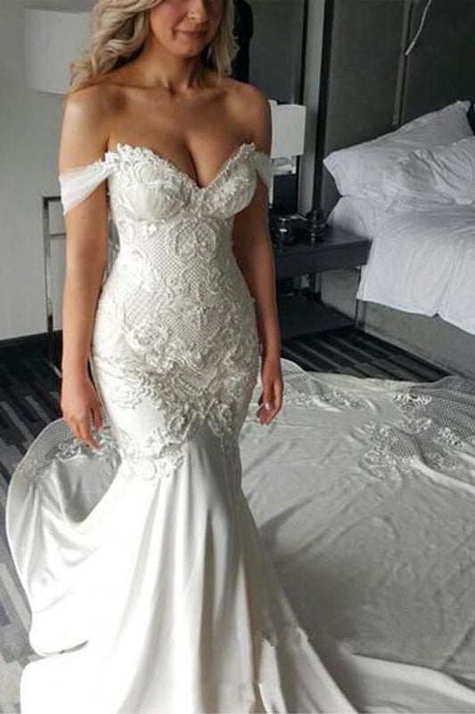Sweetheart Off Shoulder Mermaid Wedding Dress with Sweep Train, WD2306275