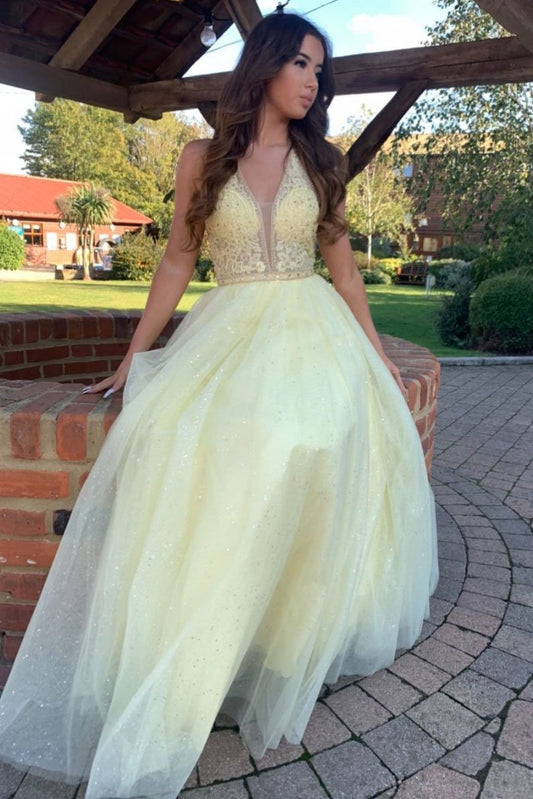 Yellow V-Neck Tulle Lace Long Prom Dress, PD2310177