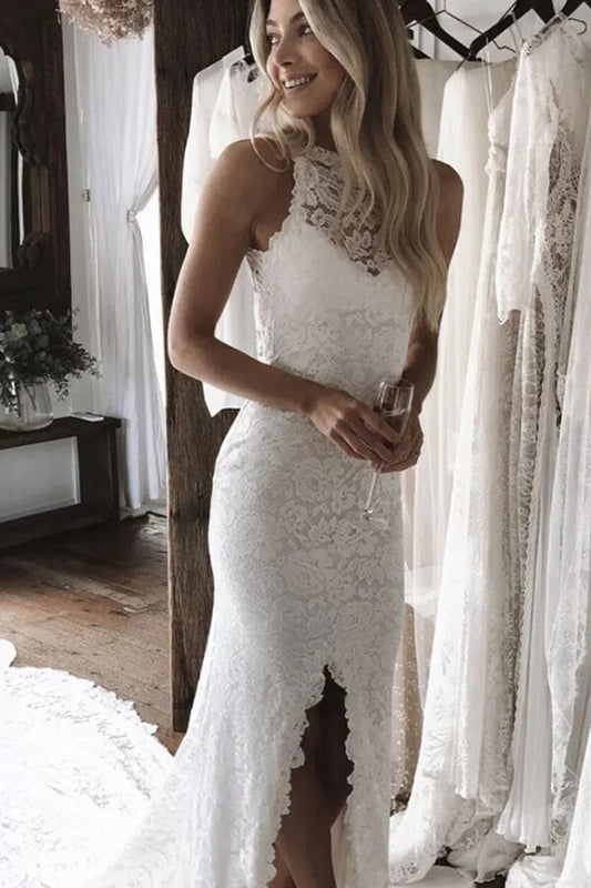 Lace Open Back Mermaid Wedding Dress with Side Split, Bridal Gown, WD2402015
