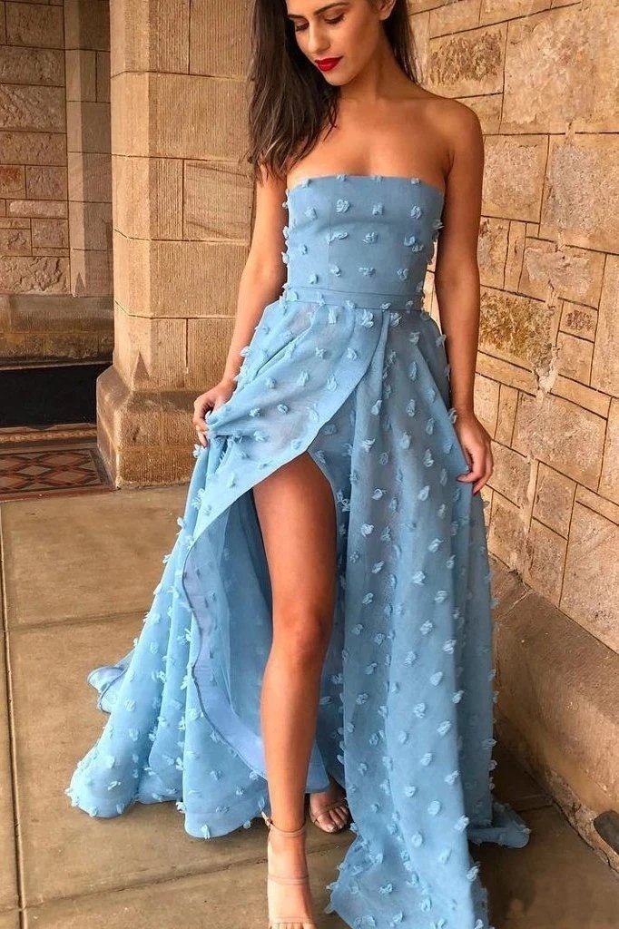 Unique Blue A-Line Formal Dress Sexy A-Line Strapless Split Sweep Train Long Prom Dress, PD23080311