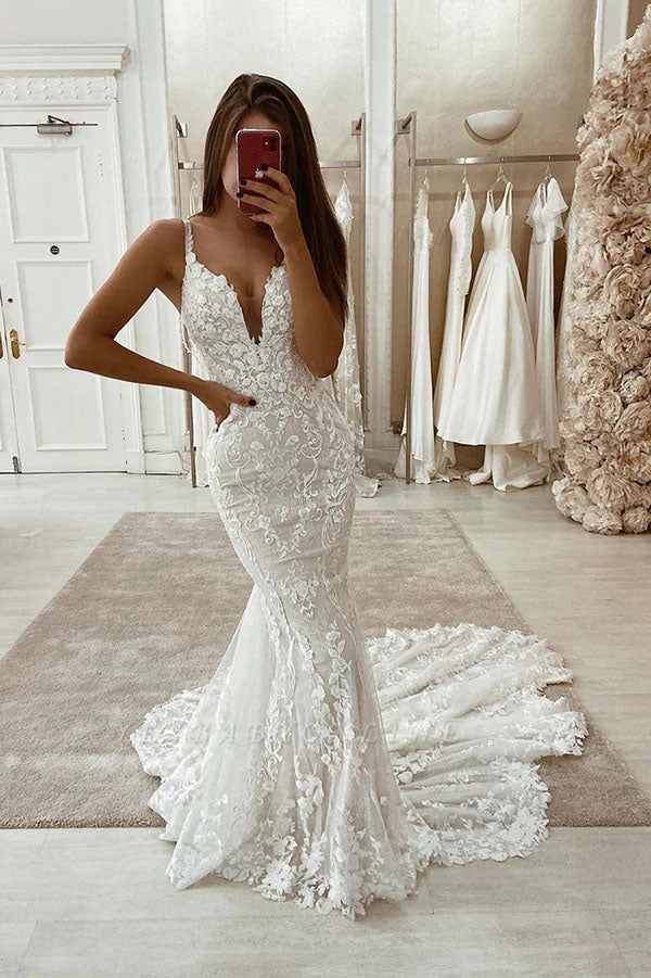 V-neck Mermaid Lace Appliqued Wedding Dress with Spaghetti Straps, WD2305167
