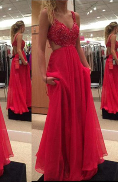 Red A-Line Chiffon Prom Dresses with Spaghetti Straps and Sweep Brush Train, PD2310133