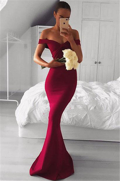 Burgundy Satin Sweetheart Long Prom Dress with Off-the-Shoulder Sleeves, PD2305052