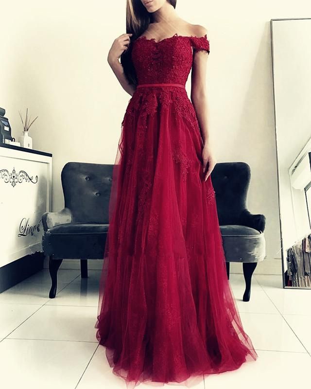 Burgundy A-Line Tulle Off Shoulder Sweetheart Prom Dress, PD2306262