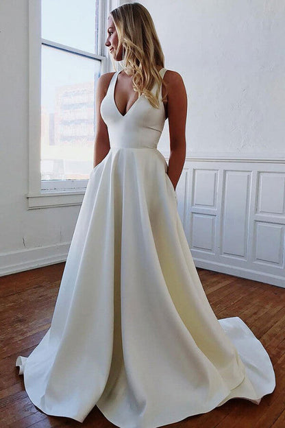 Ivory Satin A-line V-neck Wedding Dress with Pockets Bridal Gowns, WD2310199