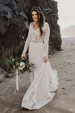 Ivory Lace A-line V-neck Long Sleeves Beach Bridal Gown, WD2308235