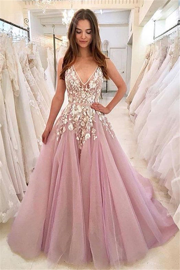 Dusty Rose Tulle V-Neck Lace New Arrival A-Line Prom Dress, PD23060110