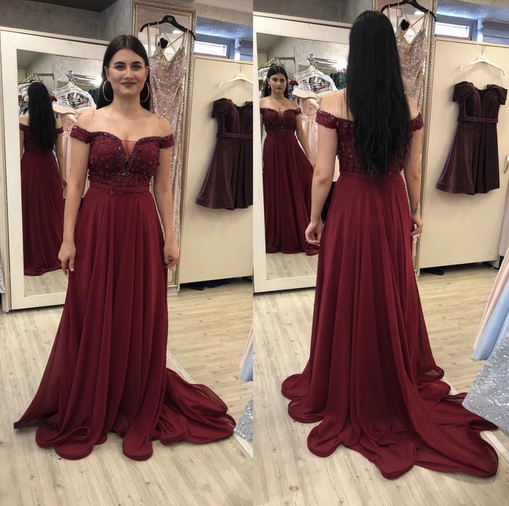 Burgundy Beaded Satin Off-the-Shoulder A-Line Long Prom Dress, PD2306050