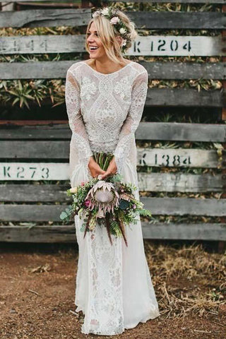 Ivory Lace Backless Boho Wedding Gown with Long Sleeves, WD2308237
