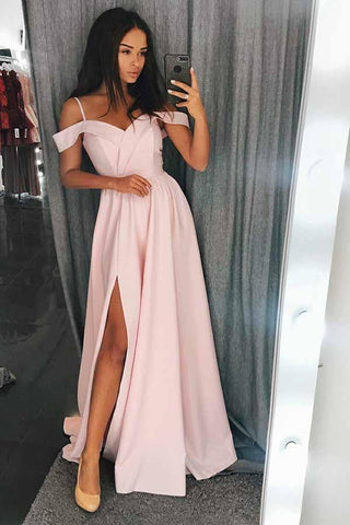Trendy Pink Off-the-Shoulder Split Satin Prom Dresses, PD2308097