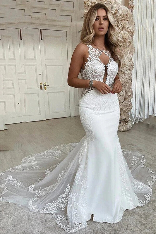 Backless Mermaid Lace Wedding Dress with Deep V-neck and Chapel Train, WD2402011