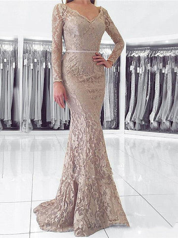 Champagne Lace V Neck Long Sleeve Backless Botton Mermaid Prom Dresses, PD2310036